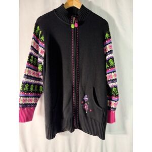Quacker Factory Womens 1X Black Zip Front Fair Isle Christmas Tree Sweater
